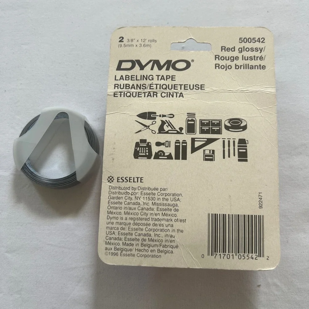 Vintage Dymo Esselte Labeling Tape 2 Rolls Red Glossy 3/8 x 12 1 Roll Black 1996